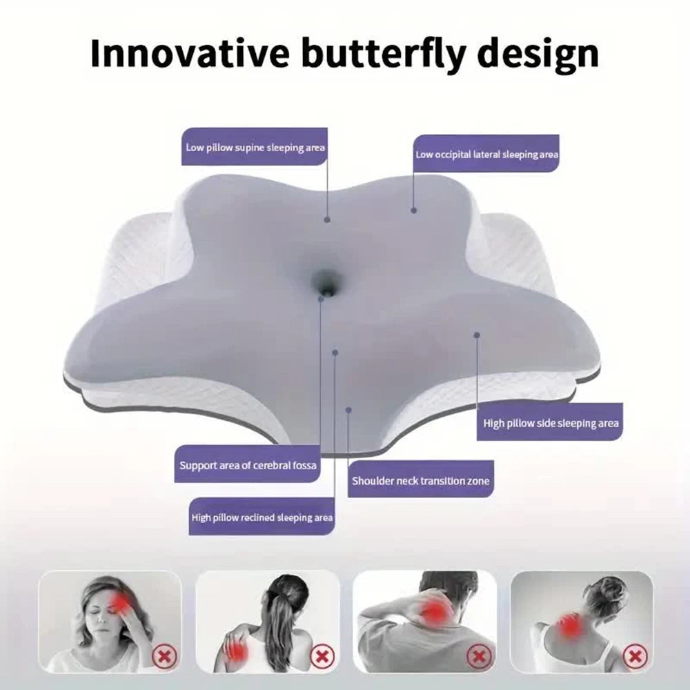 Sleeping woman using orthopedic butterfly pillow for neck alignment and pressure relief
