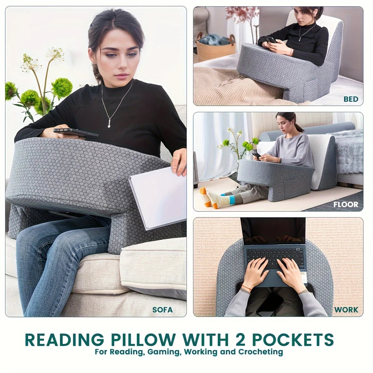Extra large memory foam reading pillow with arm rests for adults, perfect for gaming, working, or relaxing in bed