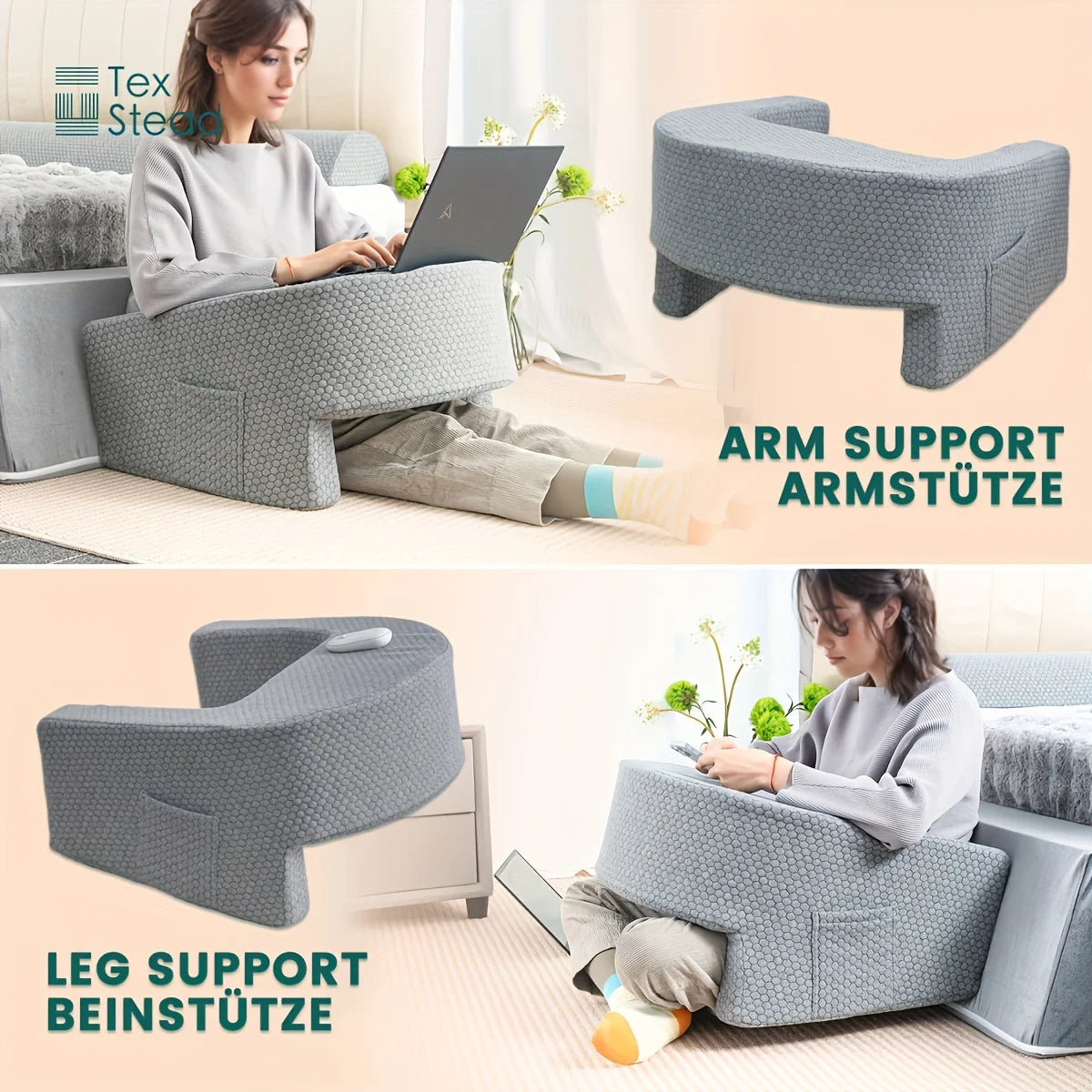 Extra large memory foam reading pillow with arm rests for adults, perfect for gaming, working, or relaxing in bed