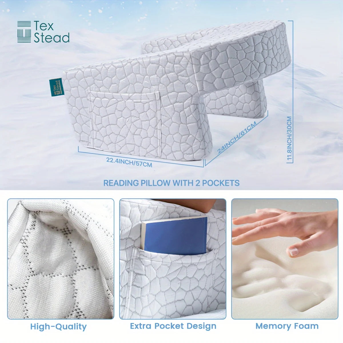 Extra large memory foam reading pillow with arm rests for adults, perfect for gaming, working, or relaxing in bed