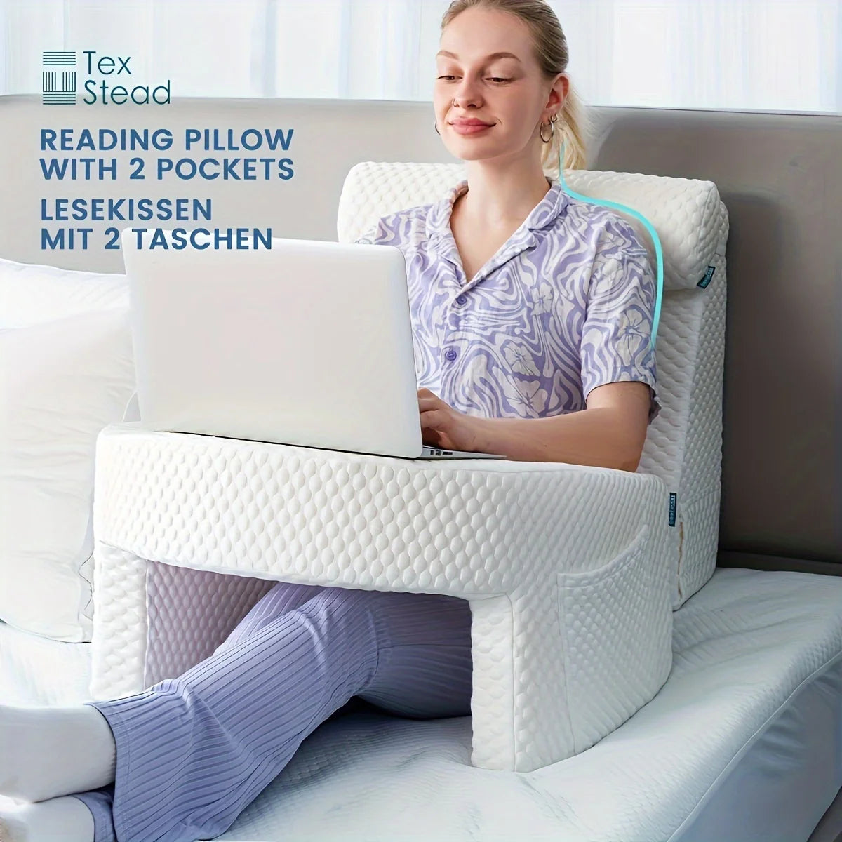 Extra large memory foam reading pillow with arm rests for adults, perfect for gaming, working, or relaxing in bed
