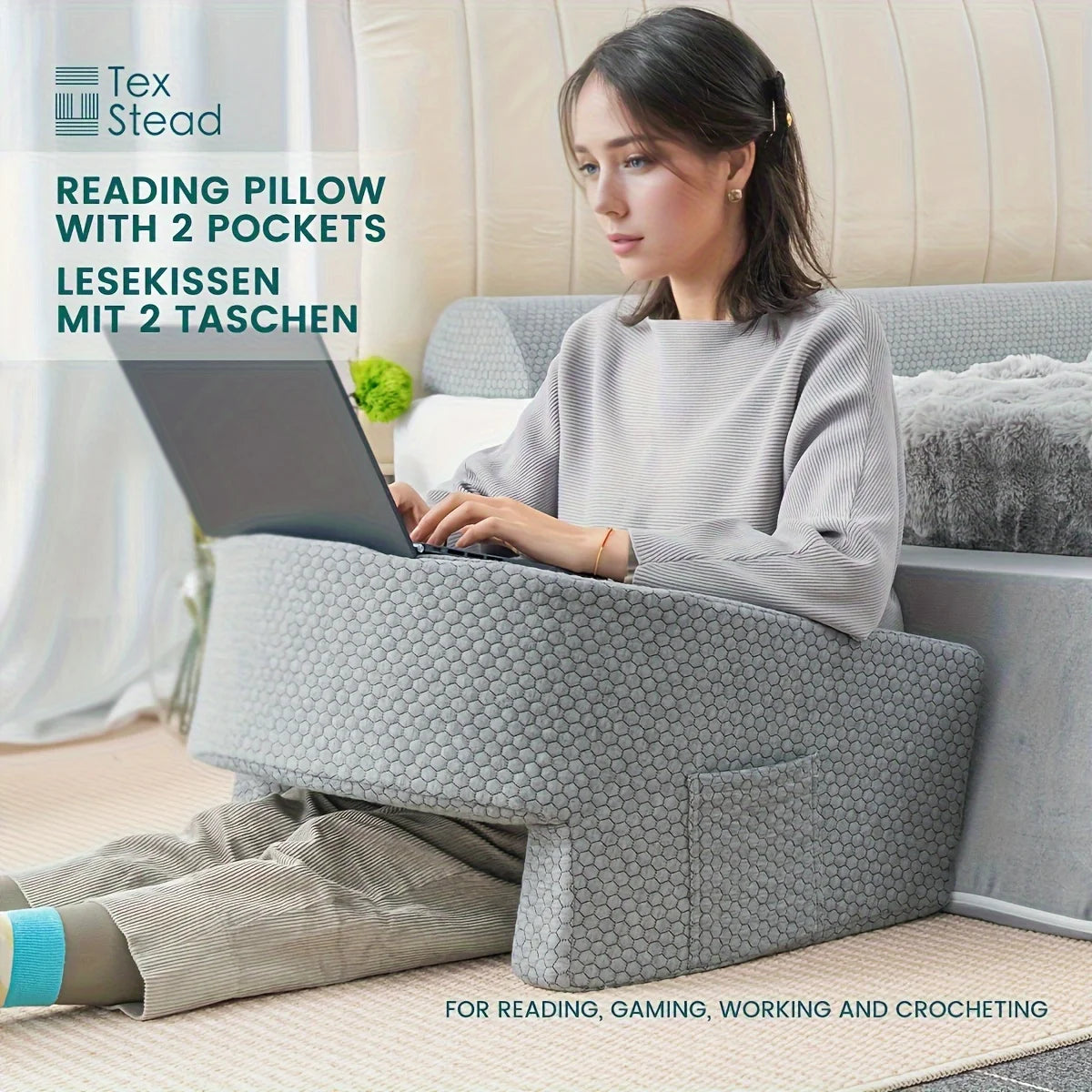 Extra large memory foam reading pillow with arm rests for adults, perfect for gaming, working, or relaxing in bed